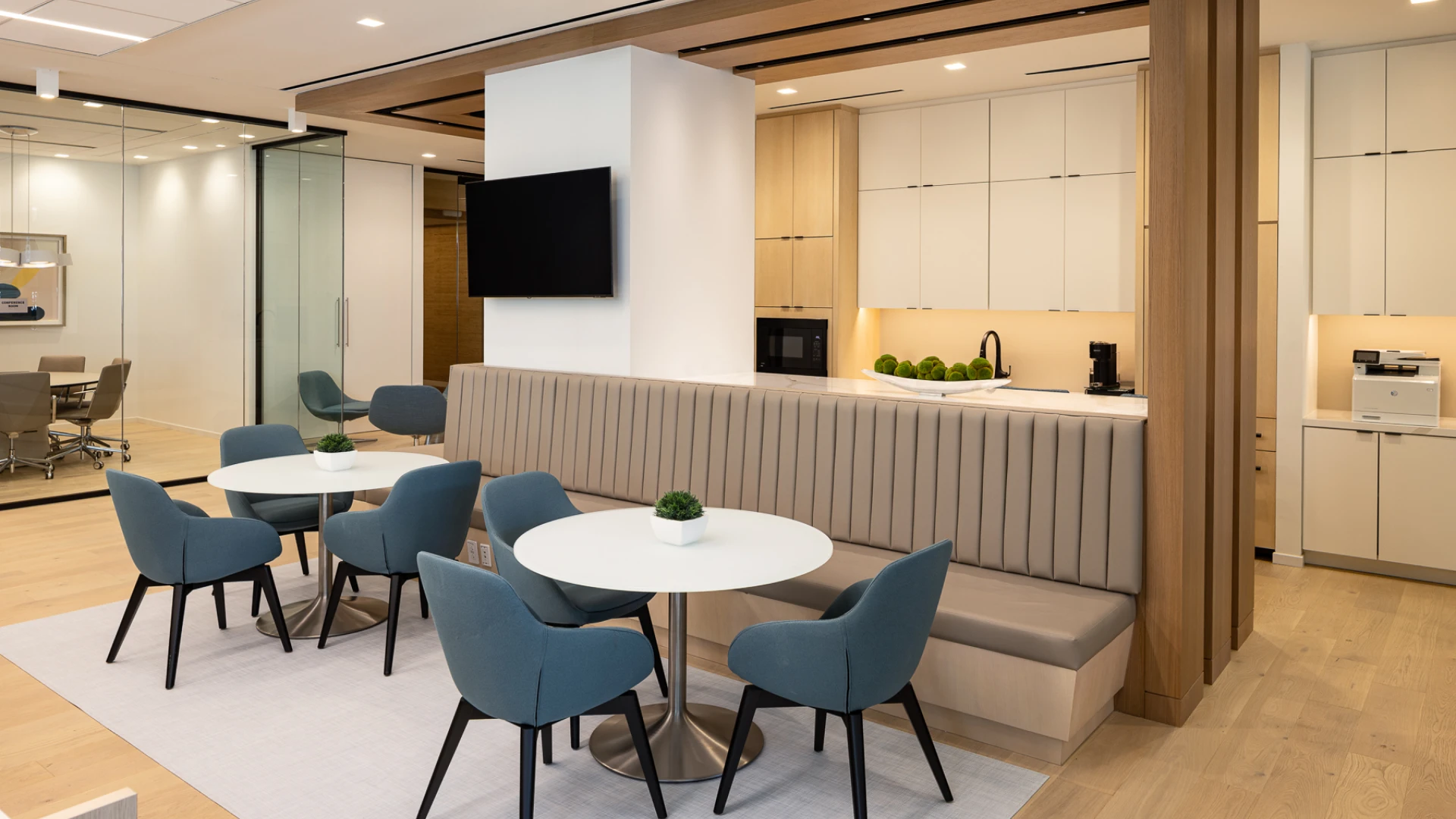 Startup office design in Florida with open work areas and collaborative seating.  
