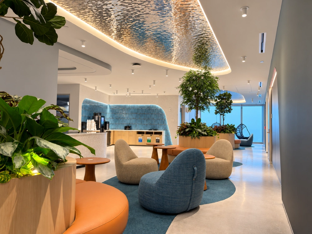 Vibrant biophilic and colorful office breakroom