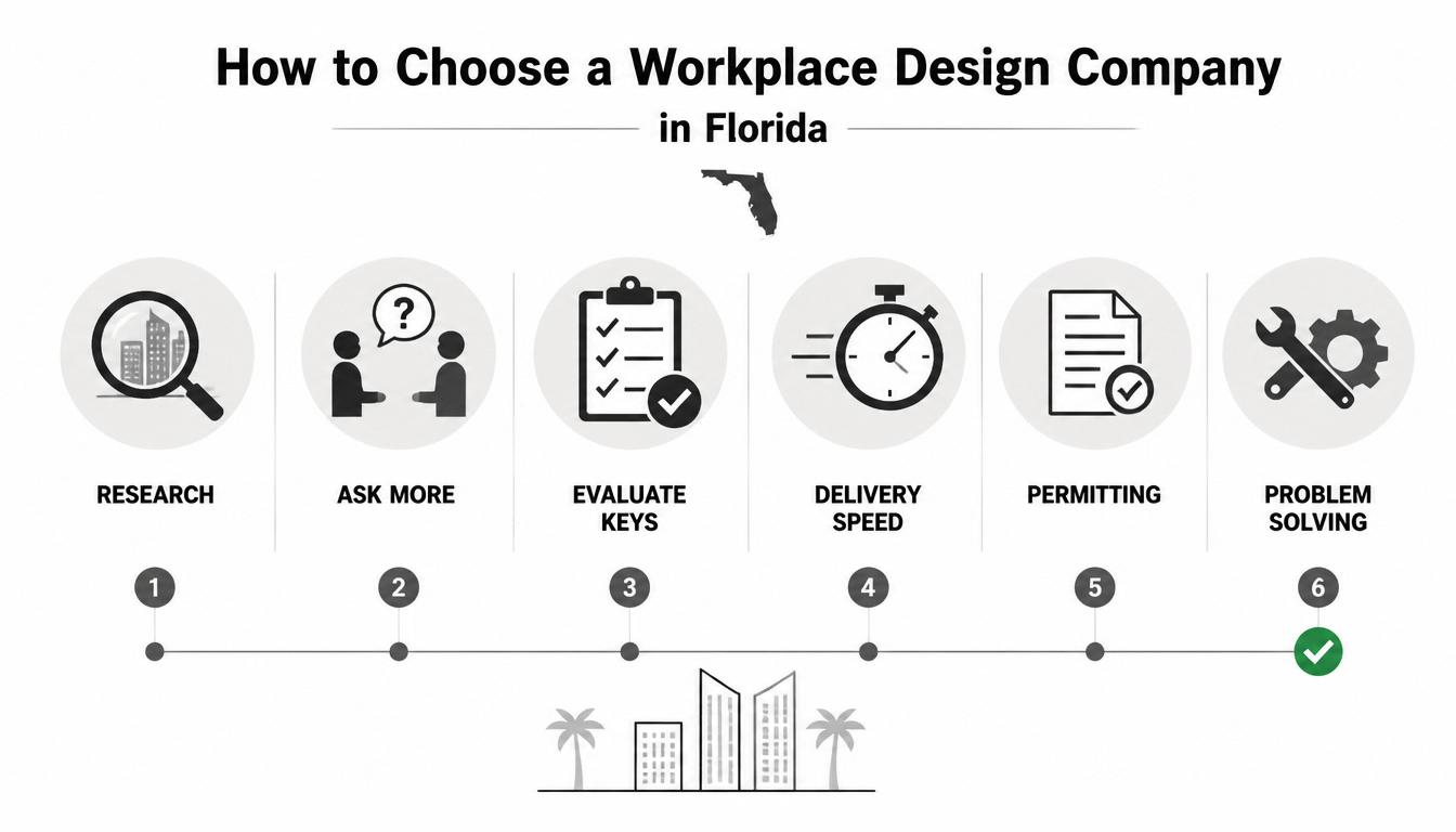 Minimalist infographic blueprint outlining 6 steps to choose a workplace design company in Florida, featuring commercial interior design icons for research, project delivery, and permitting.